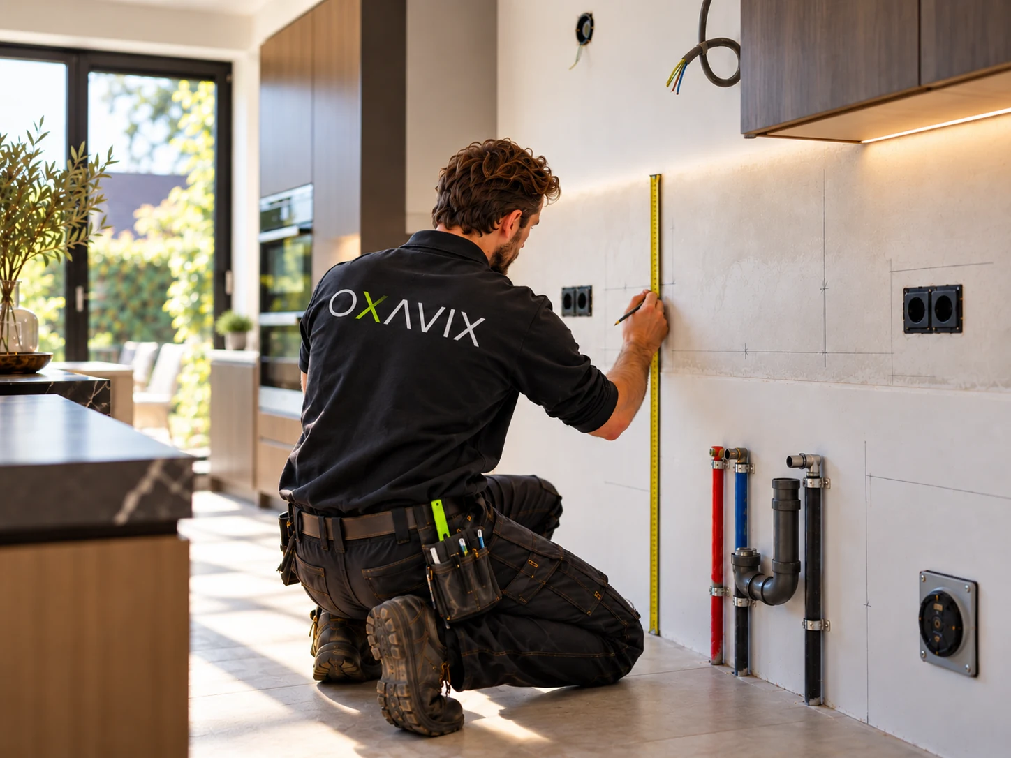 OXAVIX vakman controleert maatvoering en aansluitpunten tijdens keukenvoorbereiding